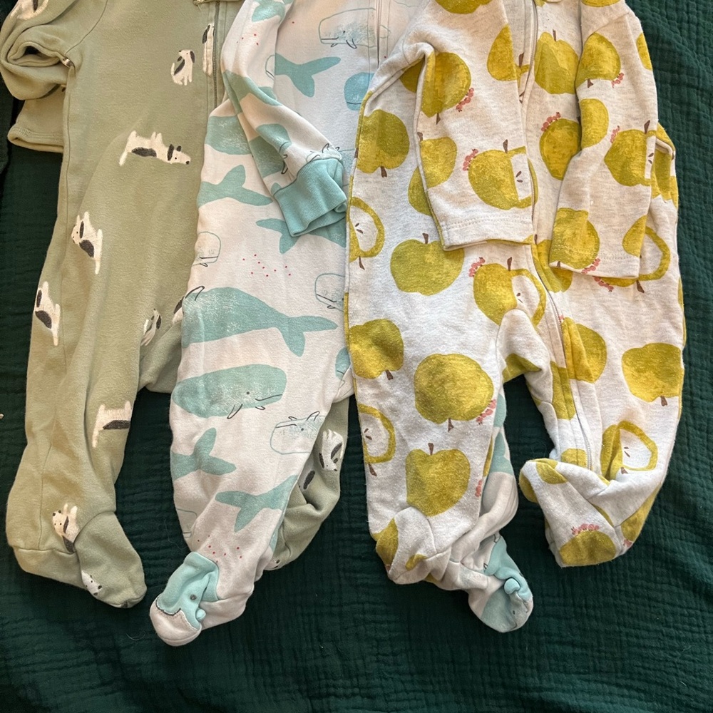 3 Baby Onesies  with Whales, puppies  and Apples